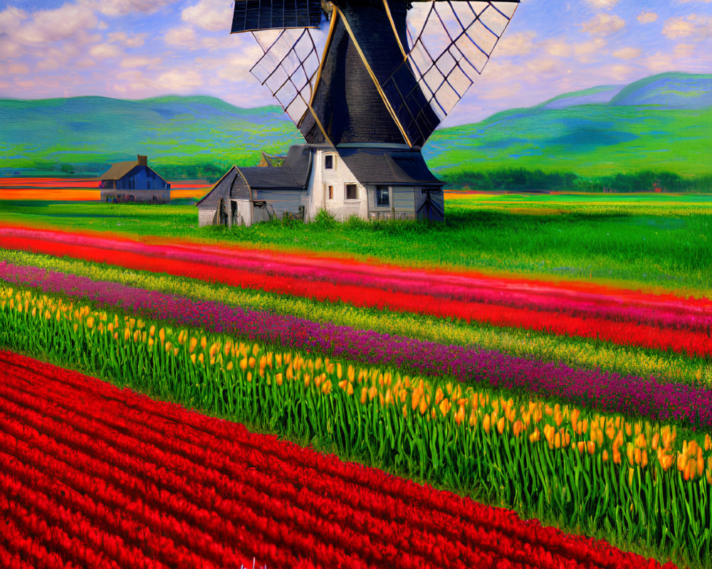 Colorful Tulip Fields with Windmill in Vibrant Landscape