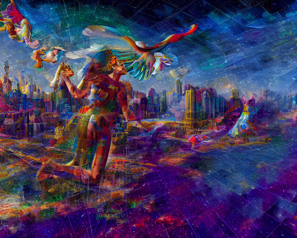 Colorful Psychedelic Illustration: Warrior Woman with Wings in Futuristic Cityscape