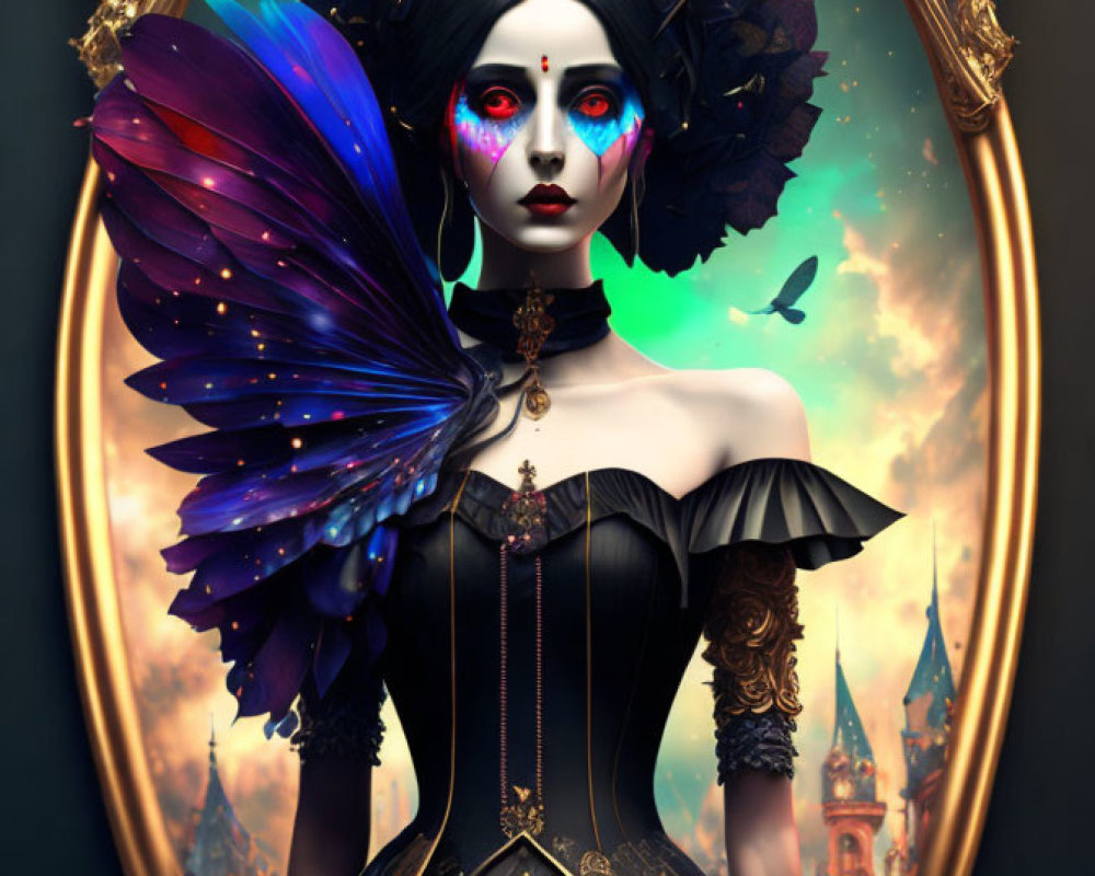 Fantasy character with dark hair, butterfly wings, gothic attire, and colorful makeup in golden mirror