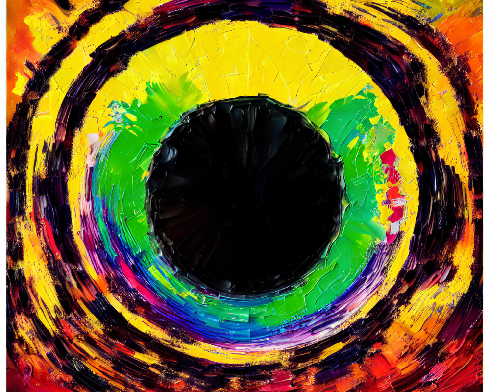 Colorful Abstract Painting with Large Black Circle and Bold Brush Strokes