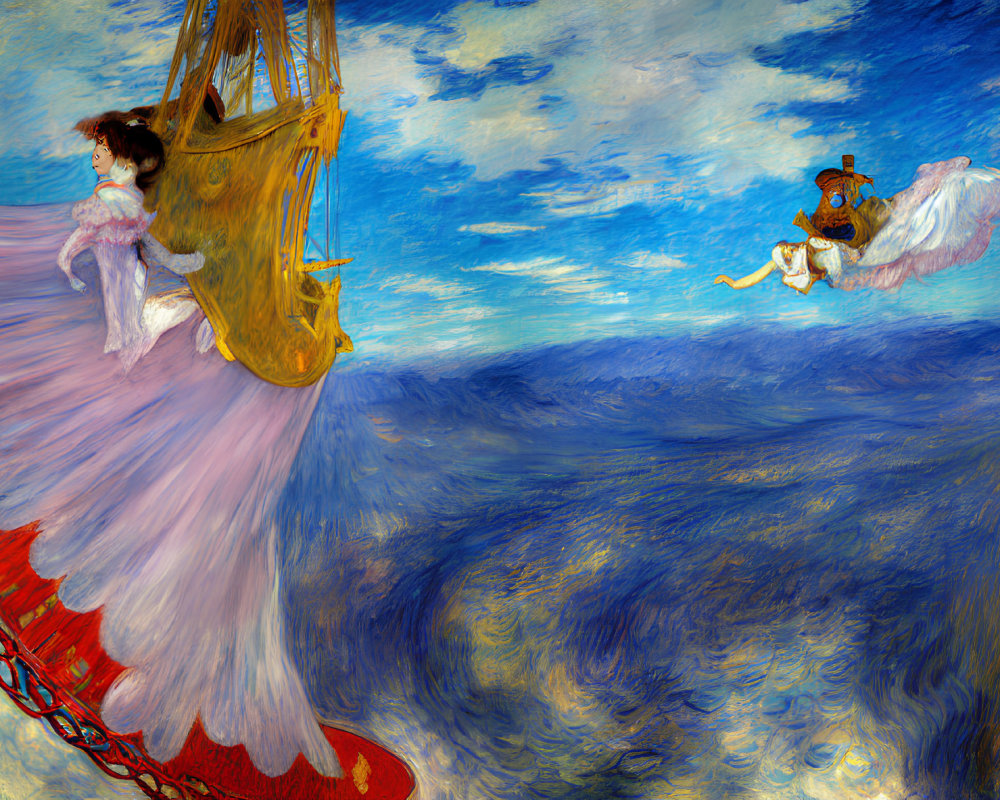 Woman on ship's prow above swirling seas with figure on cloud holding telescope.