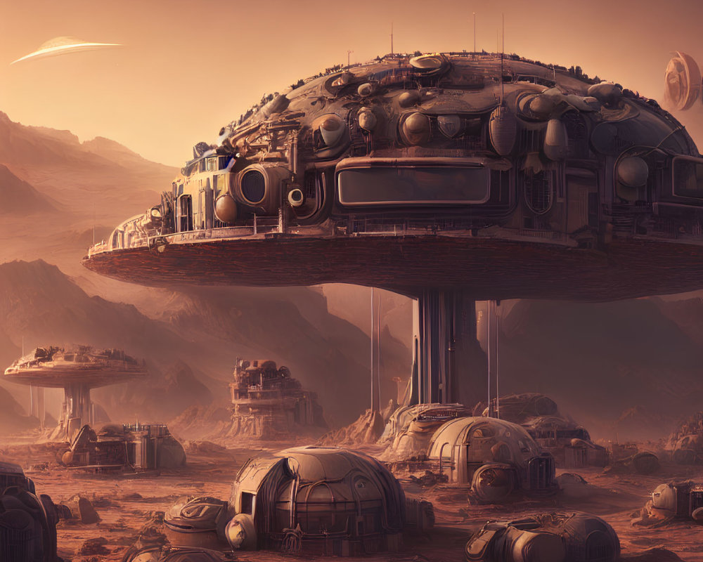 Futuristic Mars-like landscape with domed structures and amber sky