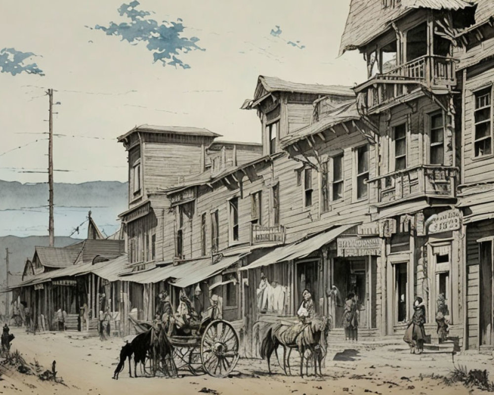 Historical American Western Town Scene with Wooden Buildings