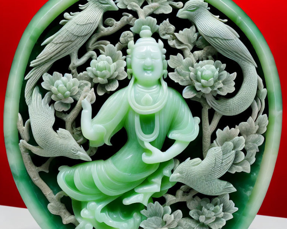 Green and White Jade Carving of Serene Buddha with Floral Motifs