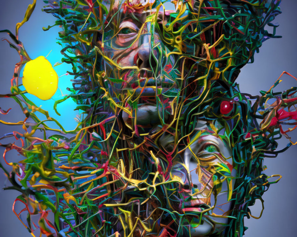 Colorful surreal portrait with intertwined vines and yellow orb