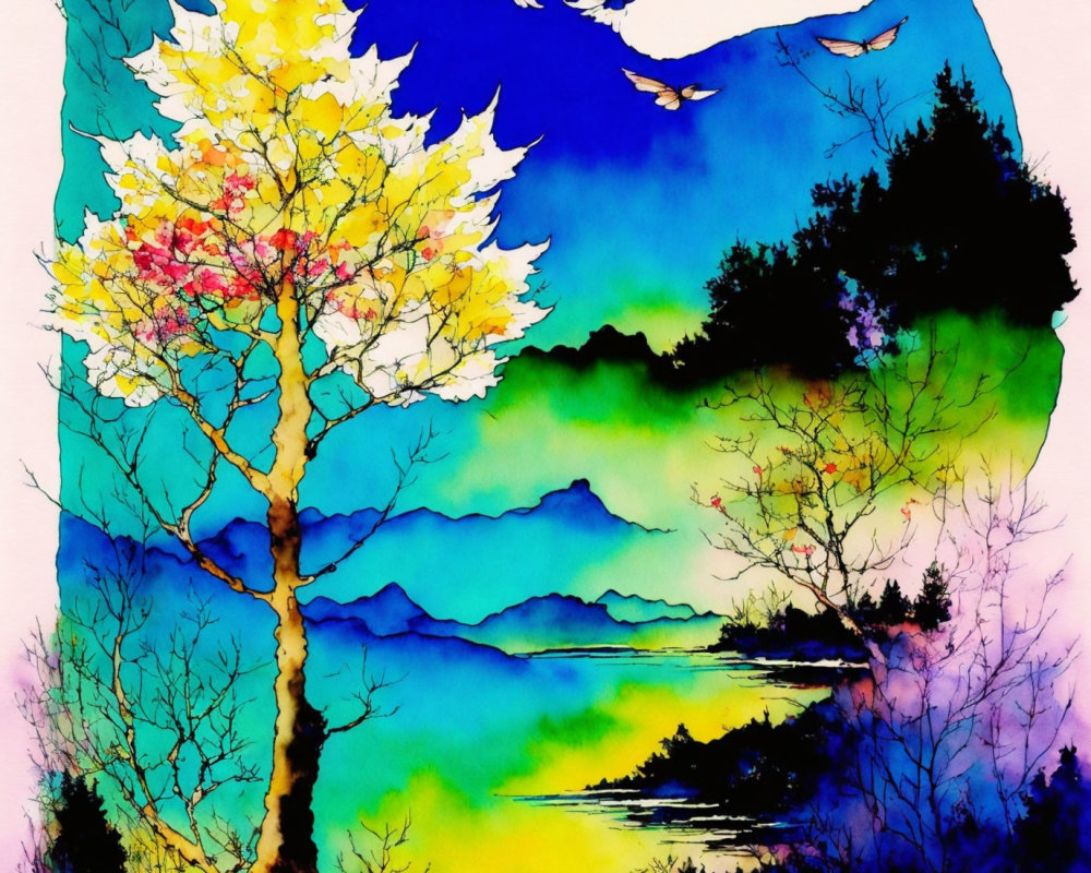 Colorful Watercolor Landscape with Yellow Tree and Flying Birds