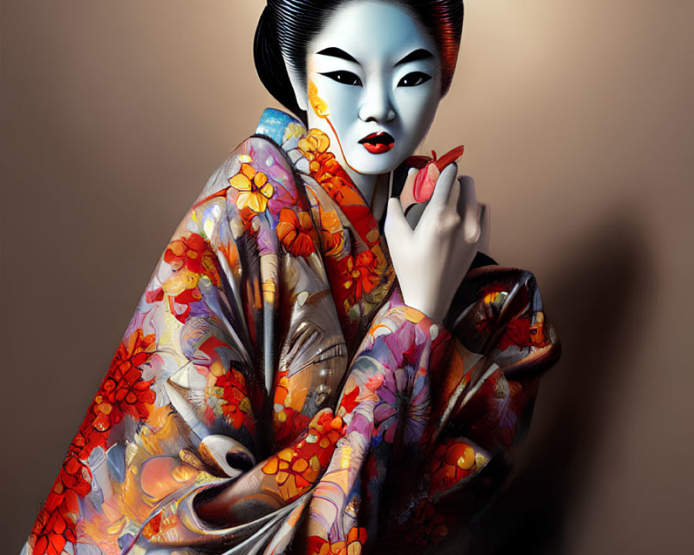 Geisha in Floral Kimono with Elaborate Makeup and Small Object