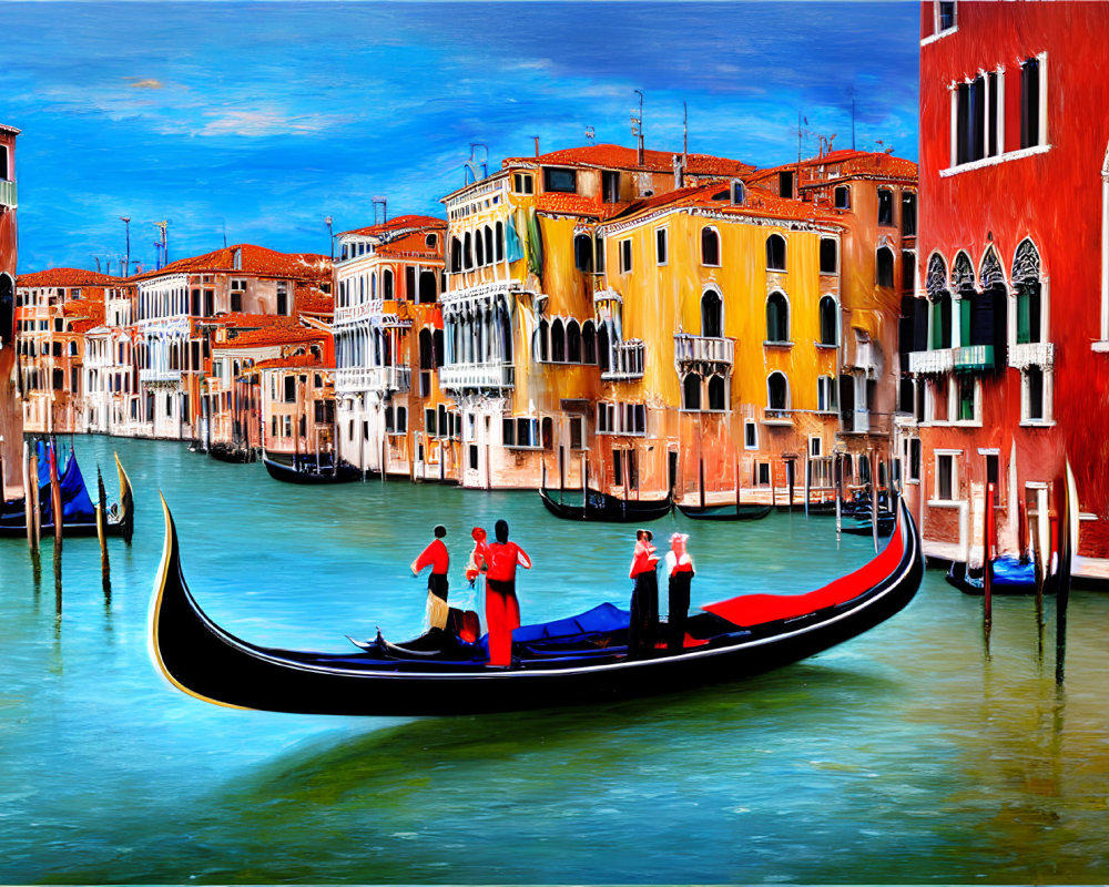 Colorful Venice Gondola Painting with Vibrant Buildings