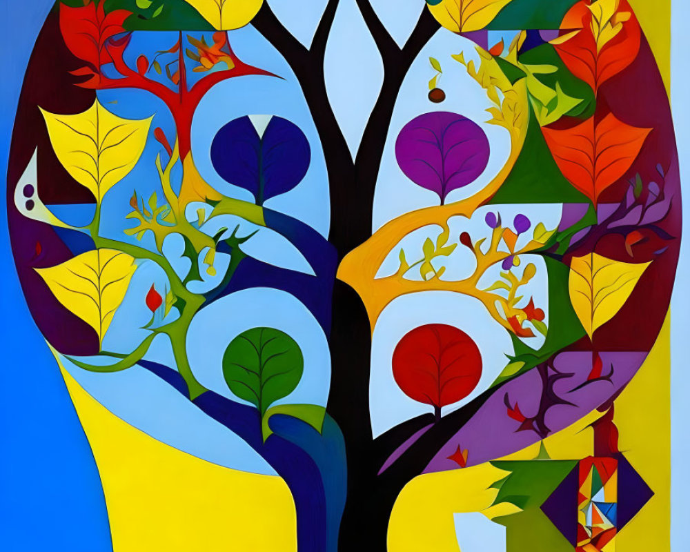 Colorful painting of stylized tree, leaves, birds on blue & yellow background.