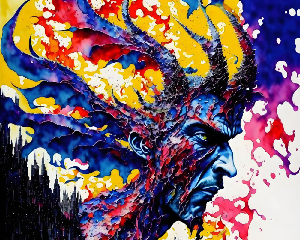 Intense gaze figure painting with fiery colors on dark backdrop