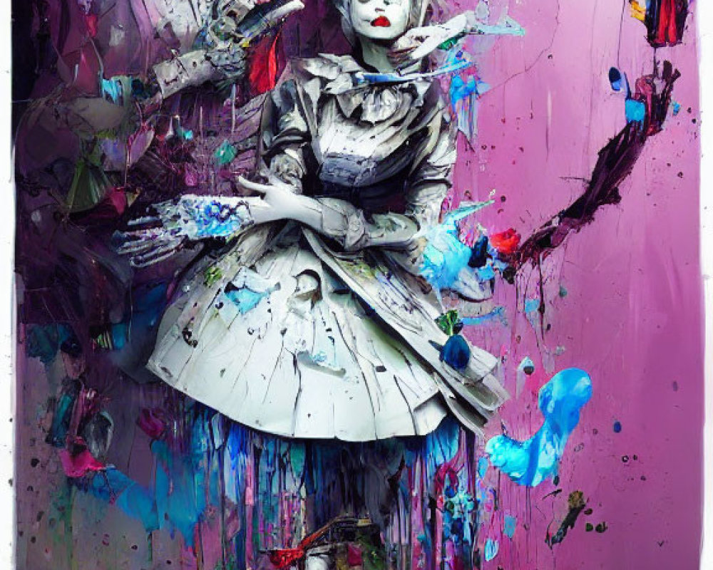 Vibrant abstract artwork featuring doll-like figure and colorful splattered background