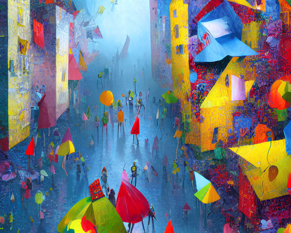 Vibrant cityscape in the rain with colorful umbrellas and lanterns under textured sky