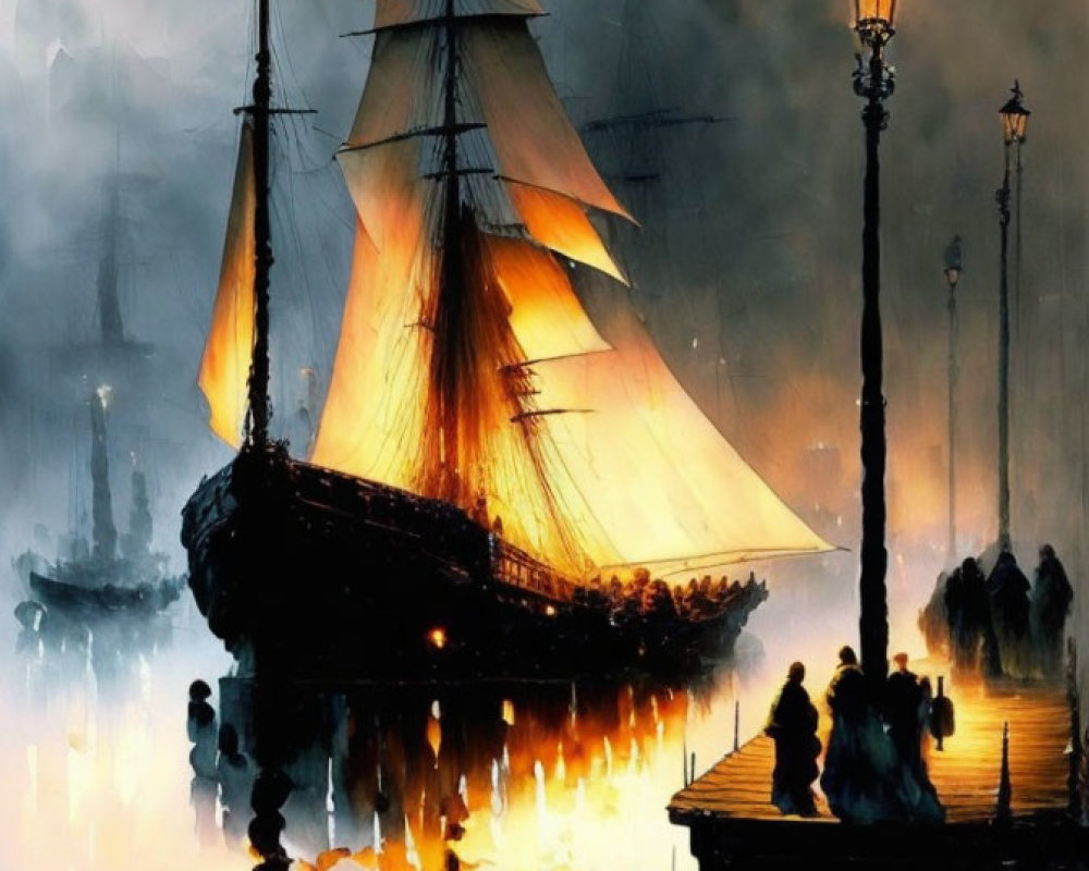 Tall ship with illuminated sails at pier, figures near street lamps under dusky sky with hexagonal