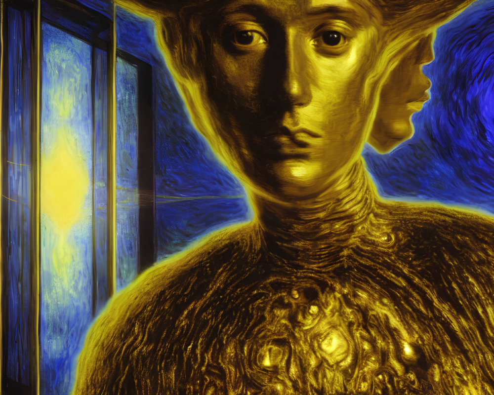 Stylized portrait of golden figure with swirling patterns