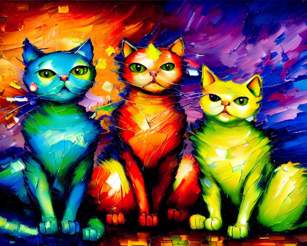 Abstract colorful cat paintings with vibrant brush strokes.