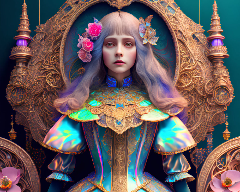 Surreal portrait of woman with pale skin, golden headdress, blue and gold garment