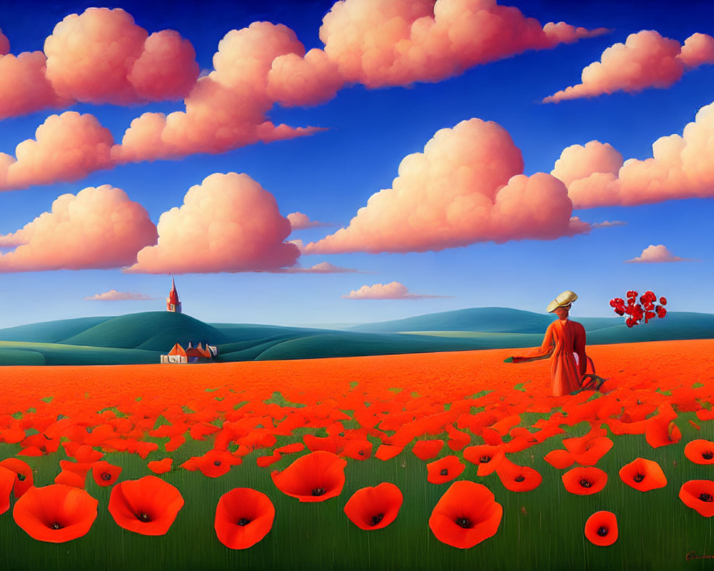 Colorful painting: Person in yellow hat among red poppies under blue sky