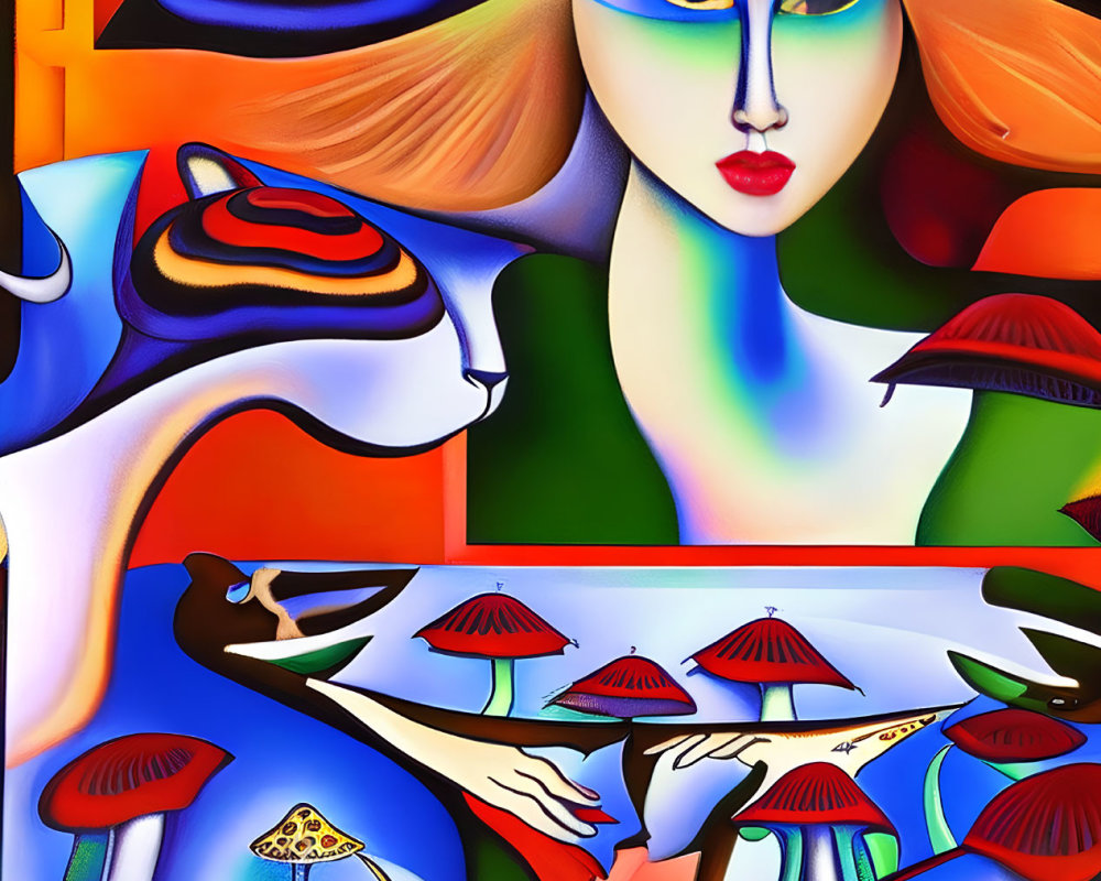 Colorful Abstract Artwork: Woman with Surreal Face & Mushrooms