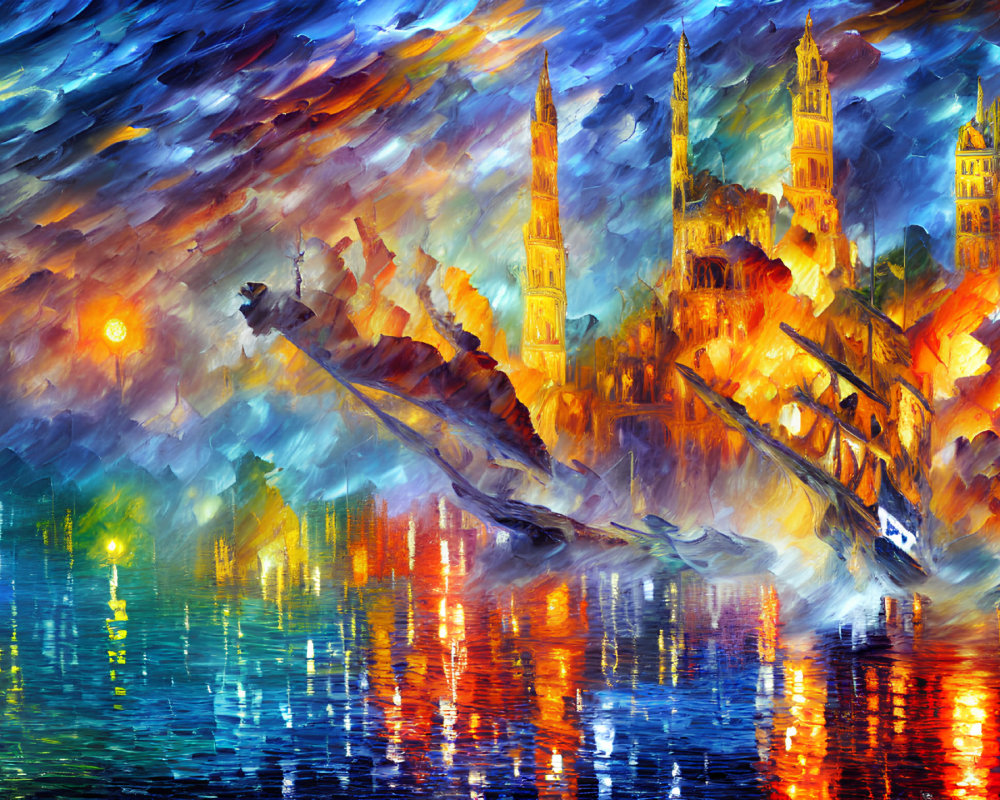 Impressionistic painting of fiery city sunset with silhouetted spires and sailboat