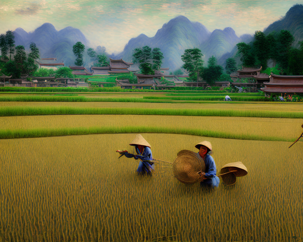 Three People Working in Vibrant Green Rice Field with Conical Hats and Asian Village Background