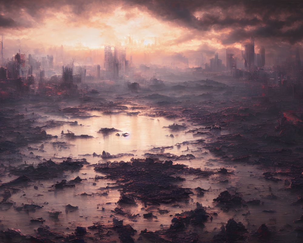 Dystopian landscape with sunlit smog-filled skyline, dilapidated buildings, dark debris.