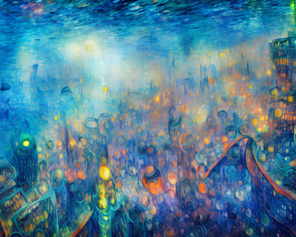 Impressionistic cityscape at night with vibrant blues and oranges