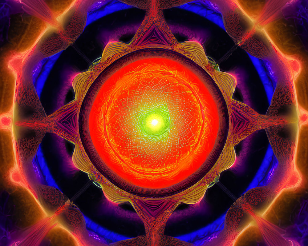 Colorful Digital Mandala with Orange Core and Symmetrical Patterns in Purple, Blue, and Red H