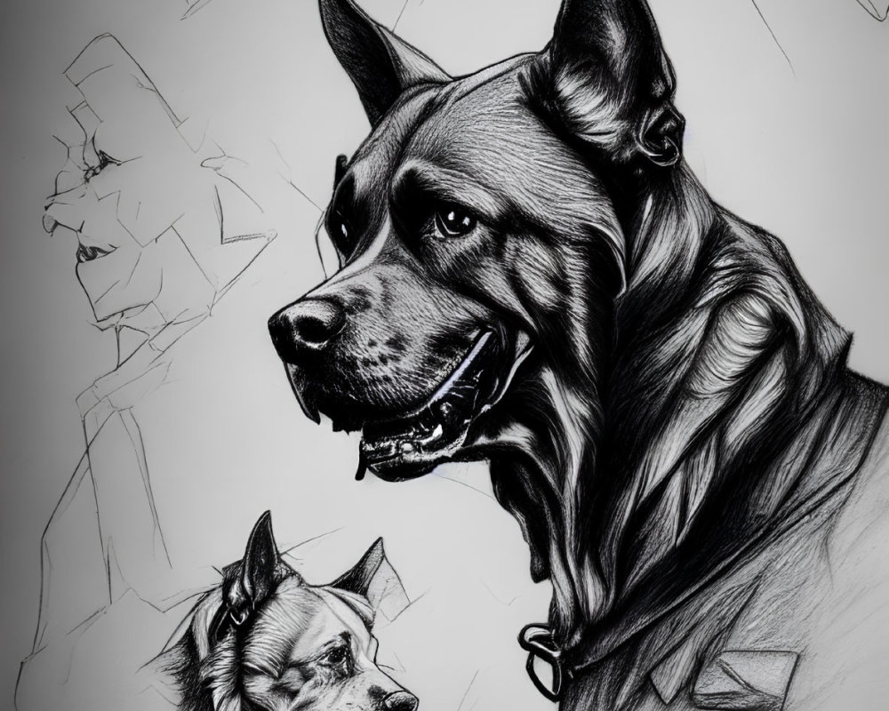 Detailed black and white sketch of two dogs in varied line drawings