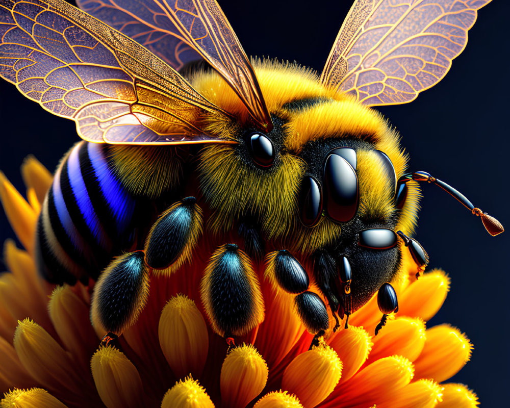 Detailed Realistic Illustration of Bee on Orange Flowers