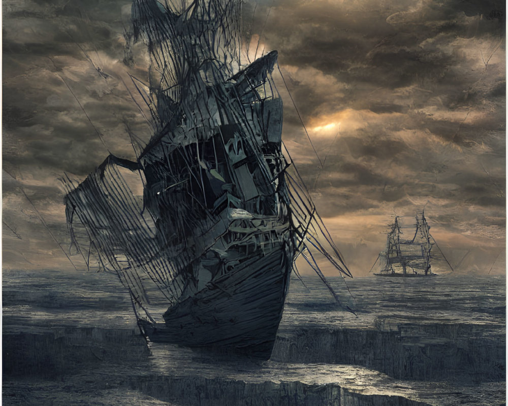 Ghostly moonshine illuminates tall ships on tumultuous sea under cloudy sky