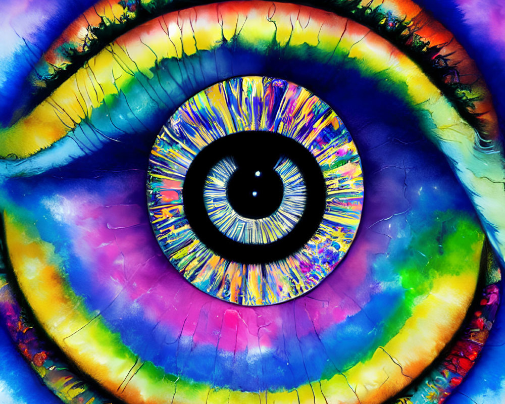 Colorful Close-Up of Eye with Rainbow Hues and Starburst Iris Pattern