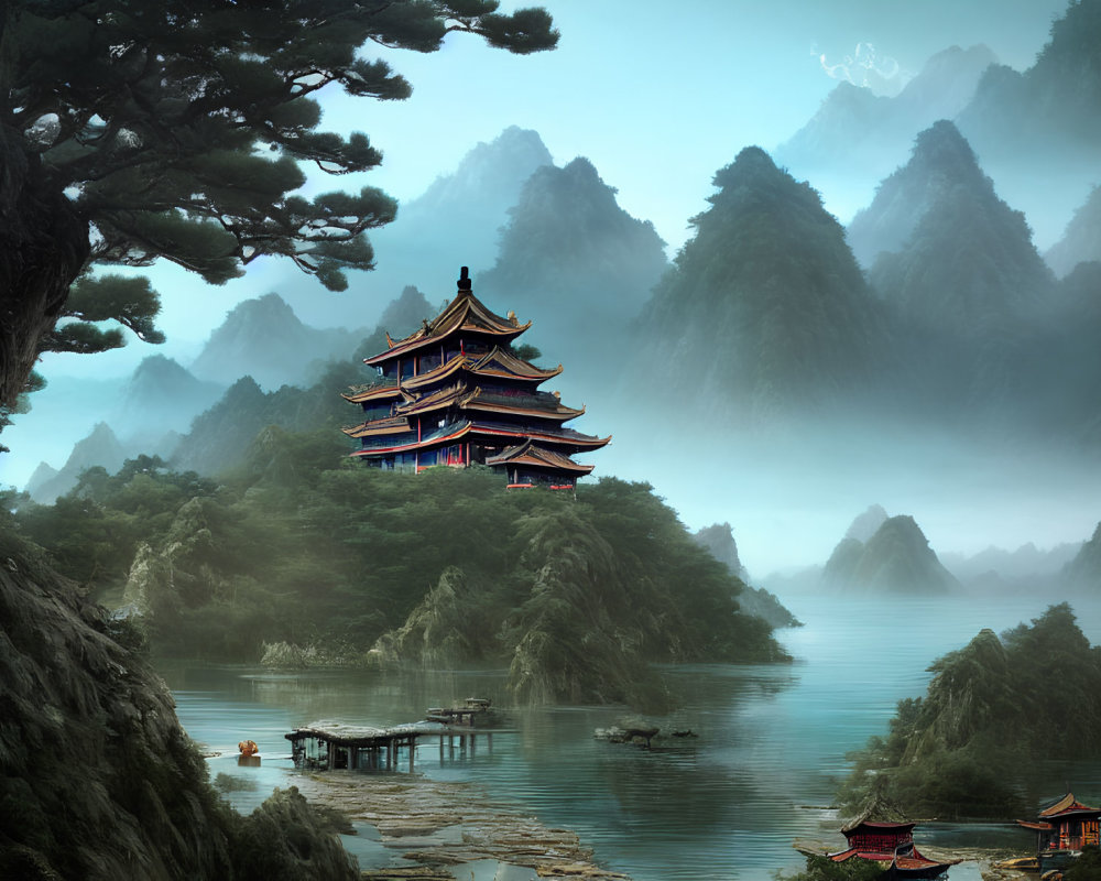 Traditional Pagoda in Misty Mountain Landscape with River and Boats