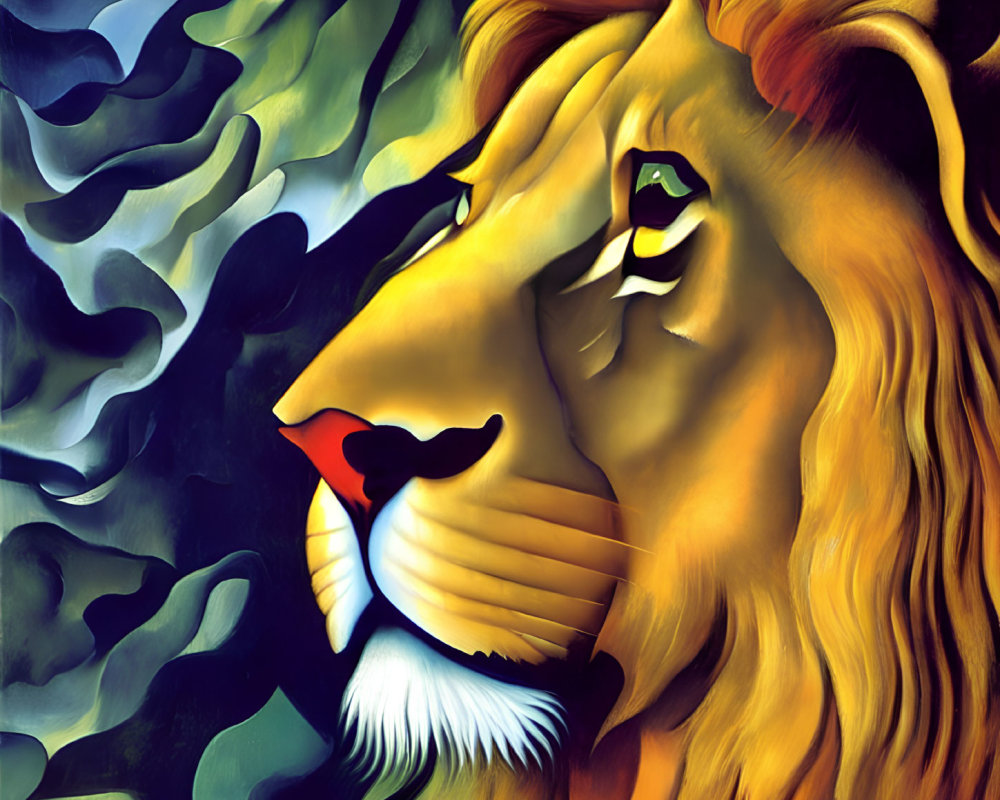 Colorful Stylized Lion Illustration with Flowing Mane on Abstract Green and Black Background