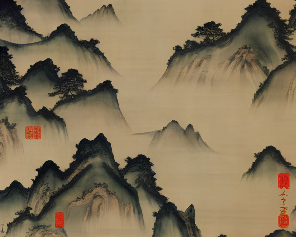 Chinese Mountain Landscape Painting with Mist, Ink Washes, and Seals