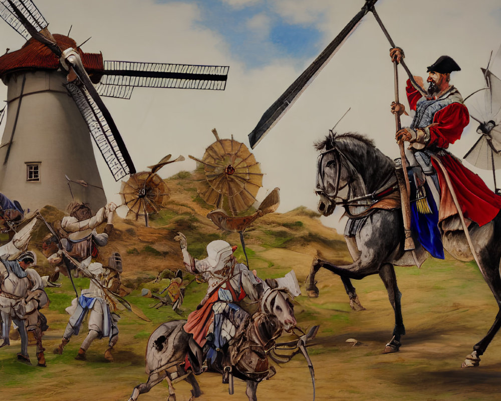 Medieval knight on horseback attacks windmills in a scene reminiscent of Don Quixote