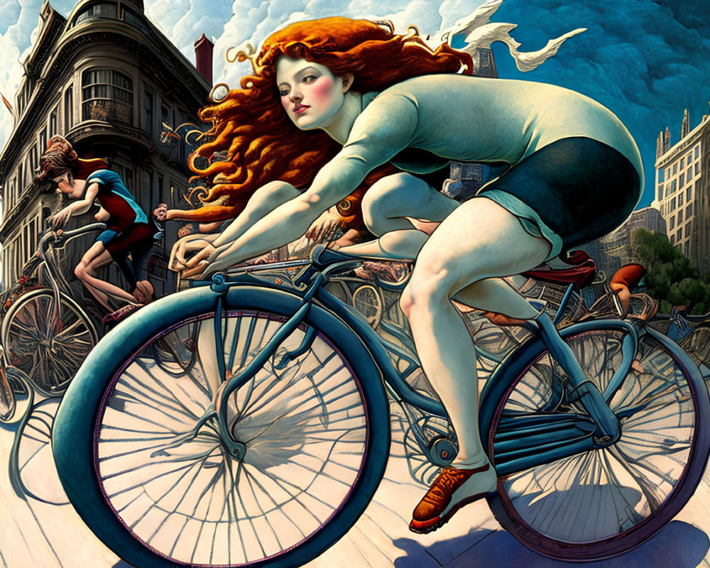 Stylized women with red flowing hair on large bicycles in urban setting