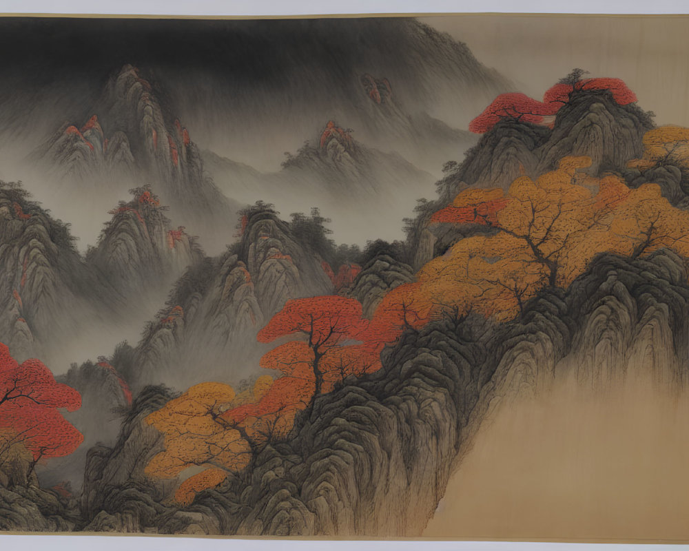 East Asian Ink Painting: Mountain Landscape with Mist and Autumn Trees