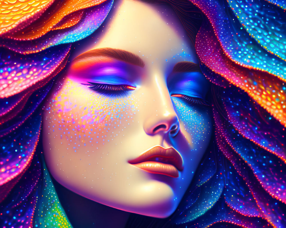 Colorful digital artwork: Woman with flowing hair and intricate patterns