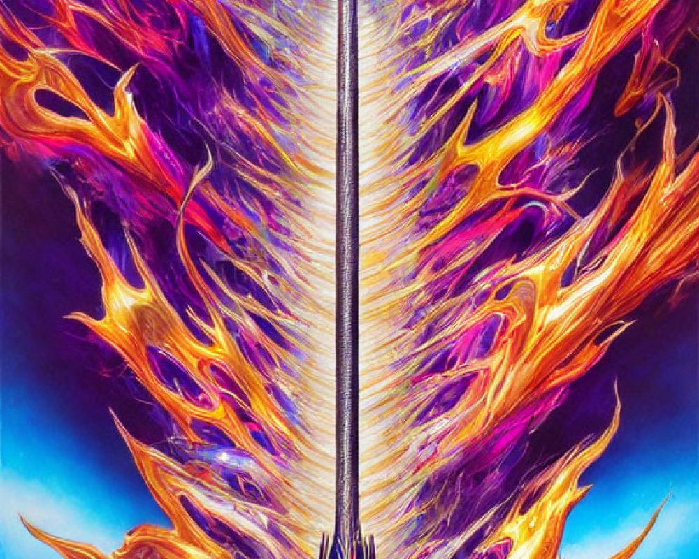 Majestic sword with glowing blade and fiery wings artwork