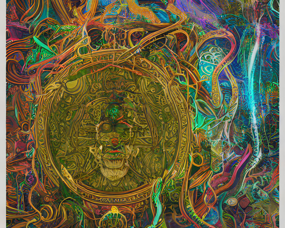 Colorful Psychedelic Digital Art with Central Humanoid Figure and Gold Mask