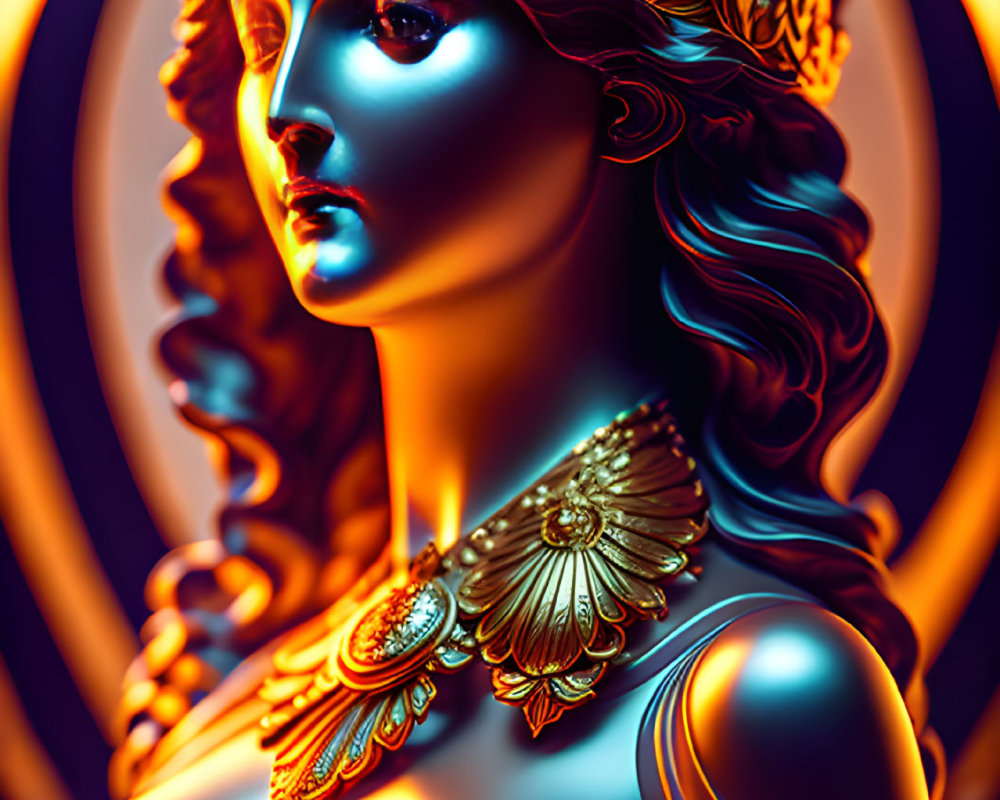 Colorful digital artwork of a woman with classical features and ornate accessories, against circular pattern backdrop