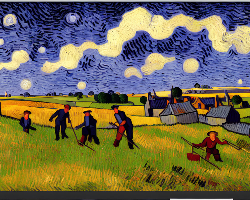 Artistic depiction of rural scene with expressive night sky