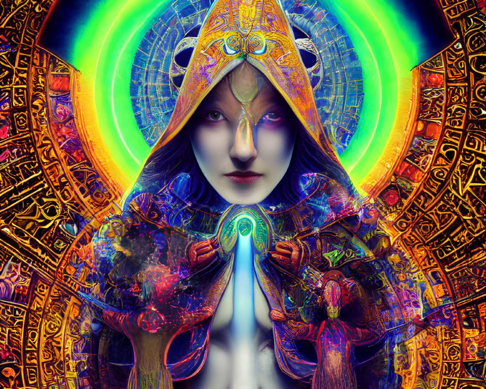 Symmetrical mystical figure with elaborate headdress in neon hues