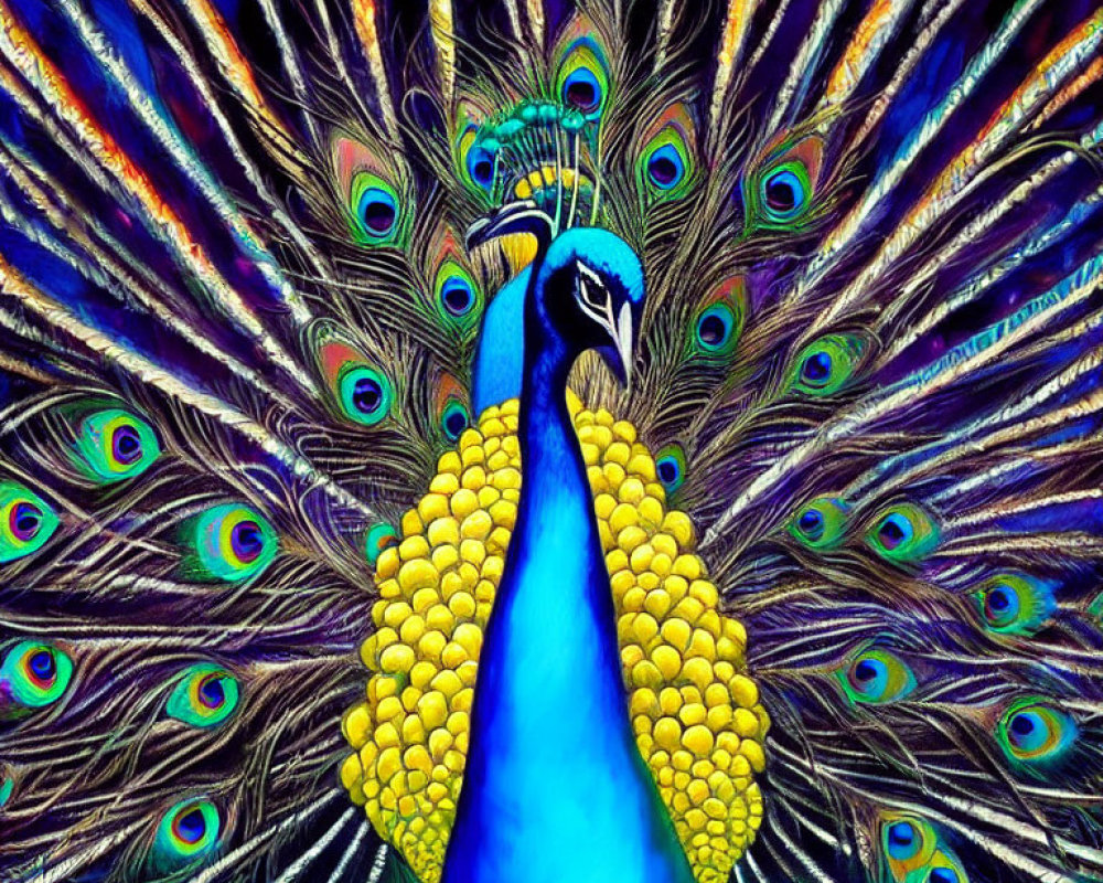 Colorful Peacock with Iridescent Blue and Green Tail Feathers