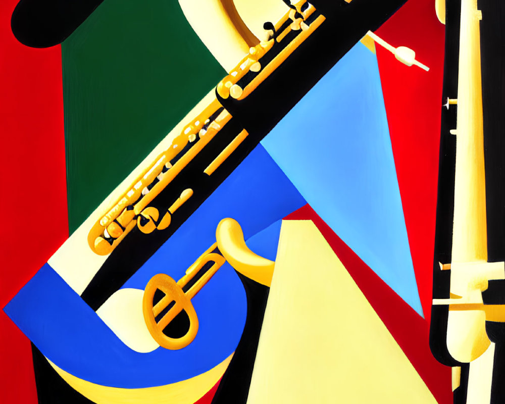 Colorful Abstract Painting with Geometric Shapes and Brass Instruments on Red Background