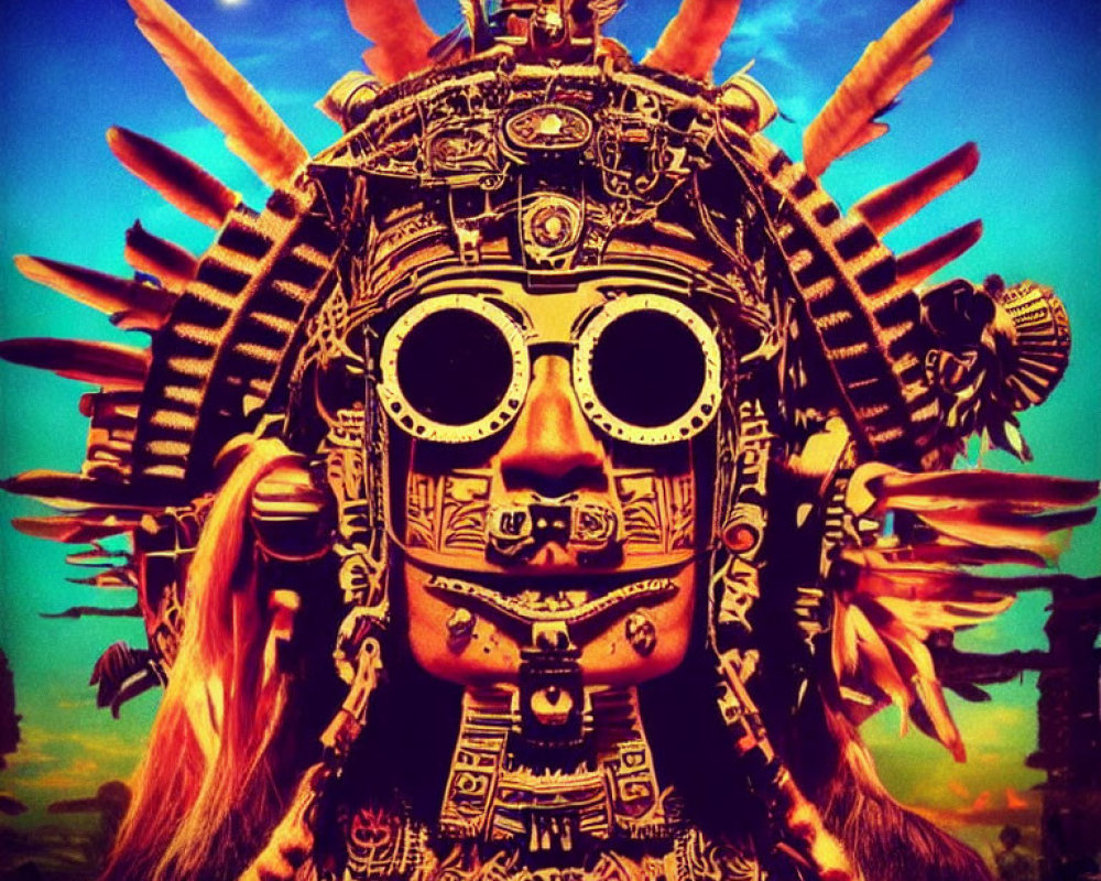 Aztec-inspired headdress and mask against crescent moon