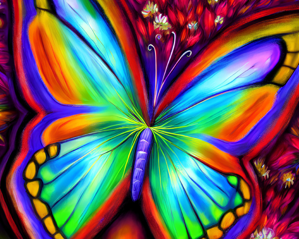 Colorful Butterfly Artwork with Red Flowers Background