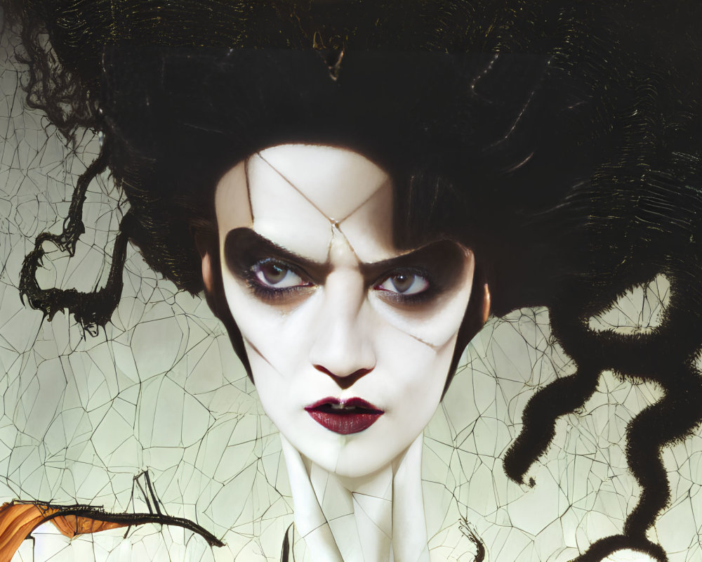 Dark, stylized makeup and elaborate black hairstyle portrait against textured background