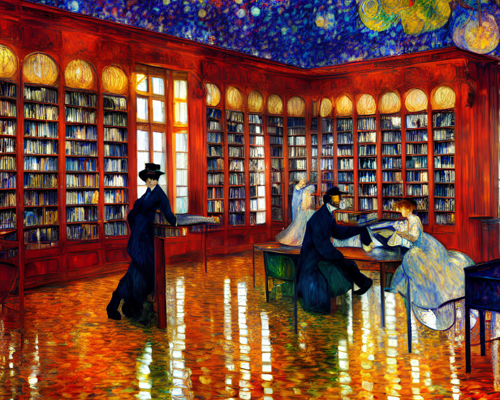 Vibrant impressionist painting of people in ornate library