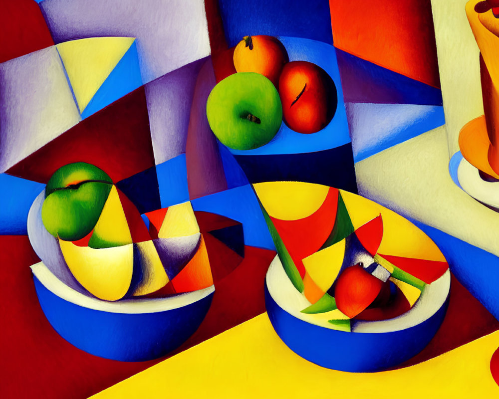 Colorful Cubist Painting with Fruit Arrangements on Plates